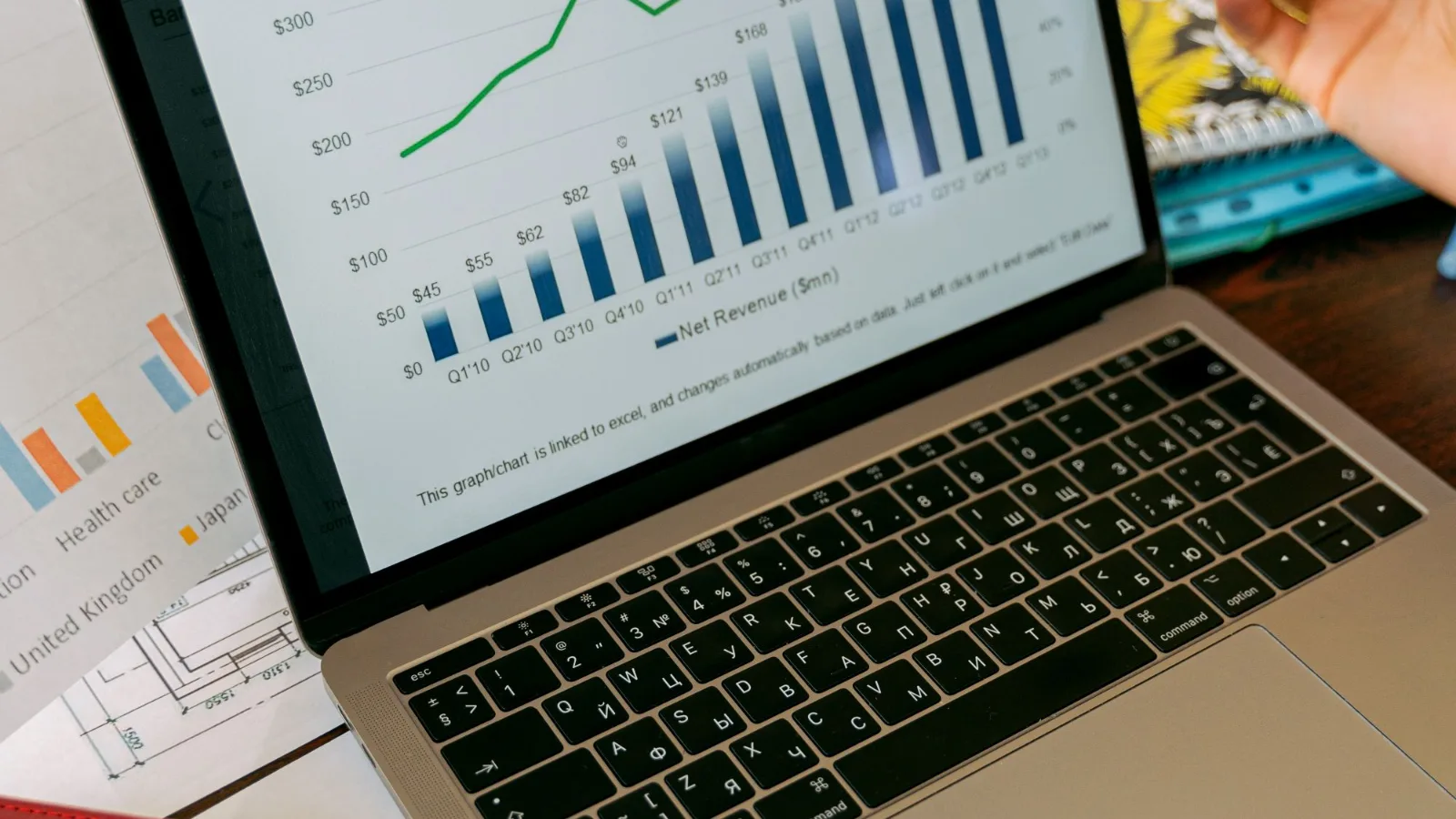 Laptop showing a rising performance chart